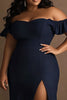 Load image into Gallery viewer, Navy Plus Size Satin Off the Shoulder Formal Dress with Ruffles