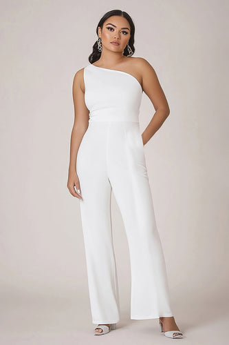 White Plus Size One Shoulder Long Formal Jumpsuit with Pockets