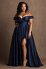 Load image into Gallery viewer, Navy Plus Size Off the Shoulder Long Satin Formal Dress with Slit