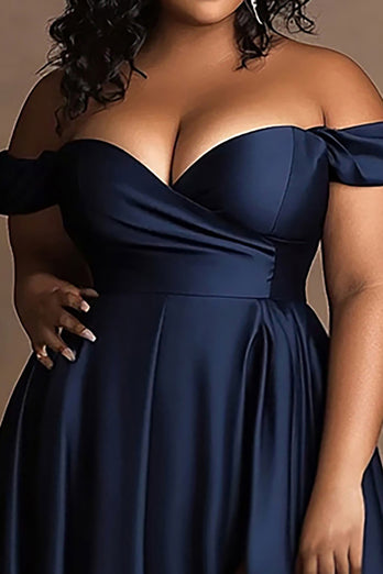 Navy Plus Size Off the Shoulder Long Satin Formal Dress with Slit