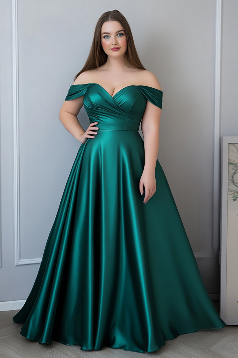 Load image into Gallery viewer, Dark Green Plus Size Off the Shoulder Long Satin Formal Dress