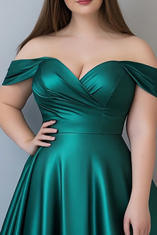 Dark Green Plus Size Off the Shoulder Long Satin Formal Dress