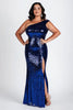 Load image into Gallery viewer, Sparkly Dark Blue Plus Size One Shoulder Long Sequins Formal Dress with Slit