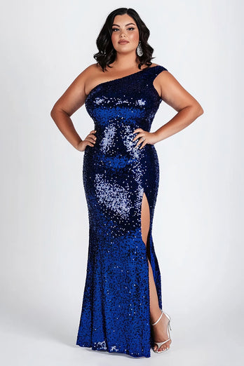 Sparkly Dark Blue Plus Size One Shoulder Long Sequins Formal Dress with Slit