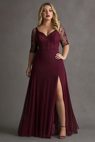 Burgundy Plus Size Satin A Line Embroideried Formal Dress with Slit