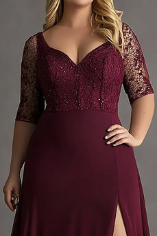 Burgundy Plus Size Satin A Line Embroideried Formal Dress with Slit