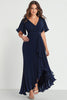 Load image into Gallery viewer, Navy Plus Size V-Neck Long Chiffon Formal Dress with Short Sleeves