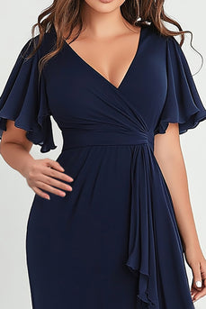 Navy Plus Size V-Neck Long Chiffon Formal Dress with Short Sleeves