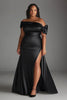 Load image into Gallery viewer, Black Plus Size Off the Shoulder Long Satin Formal Dress with Slit