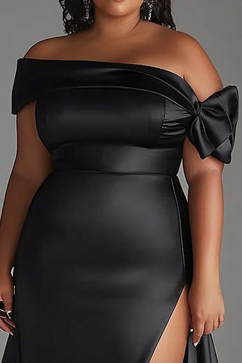 Black Plus Size Off the Shoulder Long Satin Formal Dress with Slit