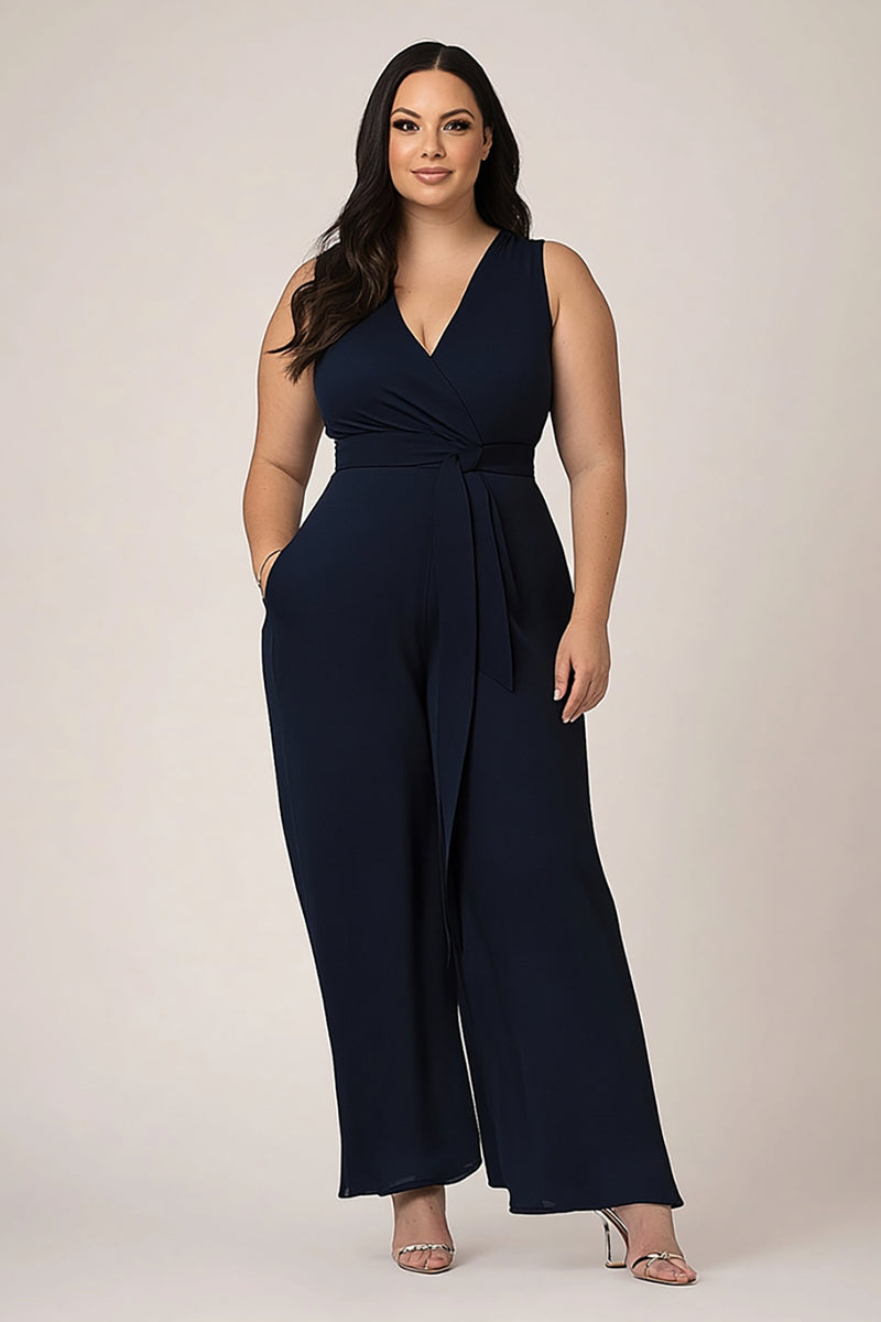 Load image into Gallery viewer, Navy Plus Size V-Neck Sleeveless Long Formal Jumpsuit