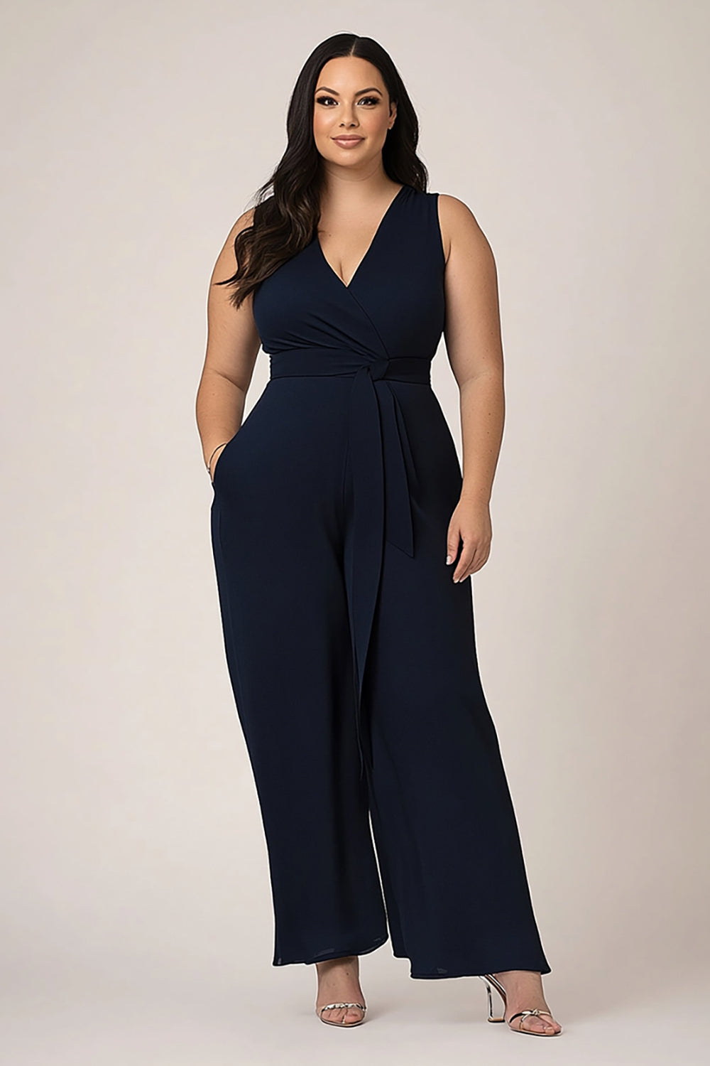 Navy Plus Size V-Neck Sleeveless Long Formal Jumpsuit