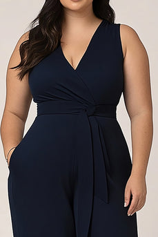 Navy Plus Size V-Neck Sleeveless Long Formal Jumpsuit