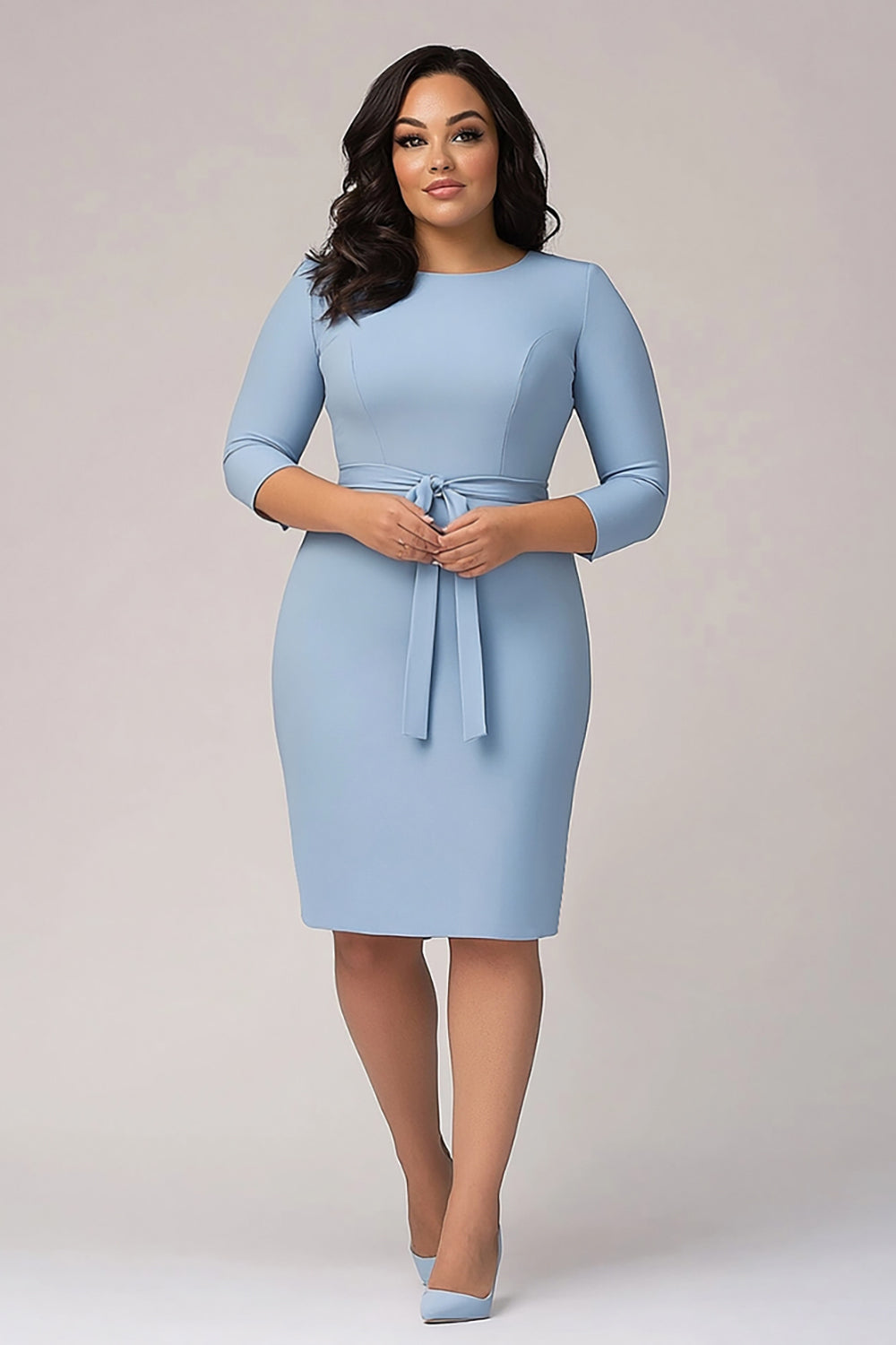 Sky Blue Plus Size Knee Length Crepe Formal Dress