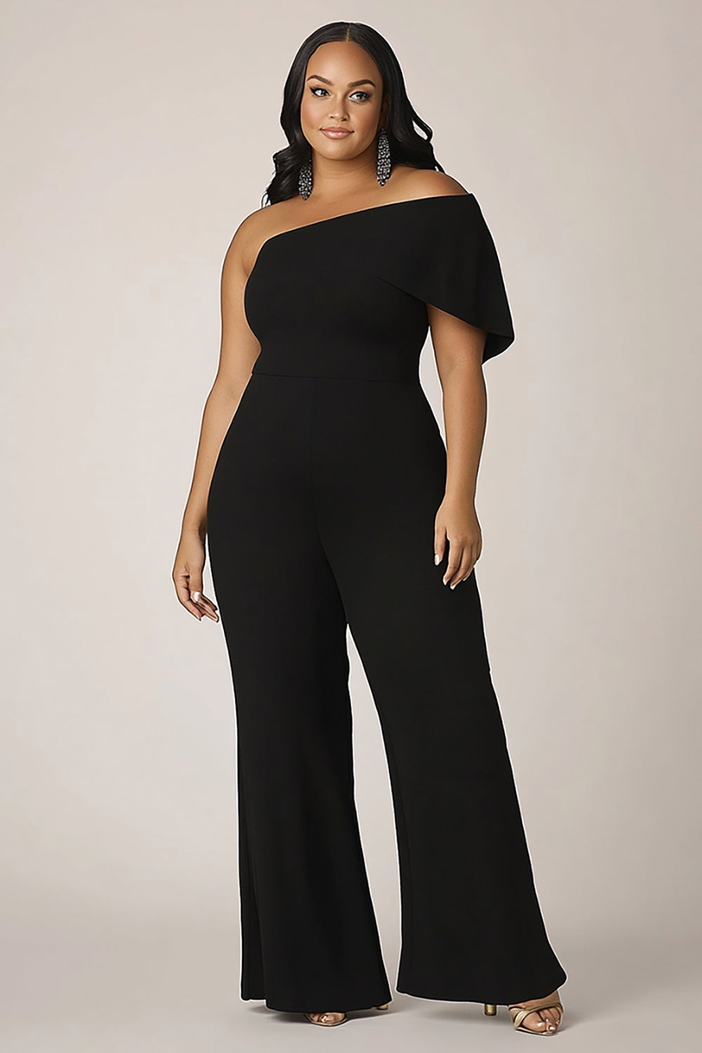 Black Plus Size One Shoulder Long Formal Jumpsuit