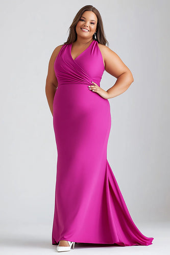 Fuchsia V-Neck Satin Long Plus Size Formal Dress