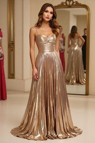 Champagne Metallic A Line Ruched Long Prom Dress