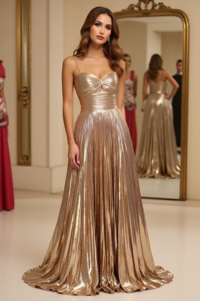 Load image into Gallery viewer, Champagne Metallic A Line Ruched Long Prom Dress