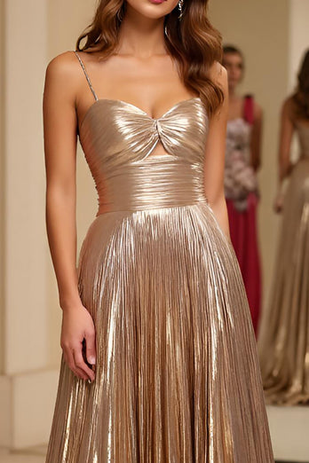 Champagne Metallic A Line Ruched Long Prom Dress