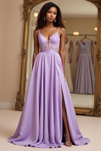 Lilac A Line Embroideried Spaghetti Straps Long Prom Dress