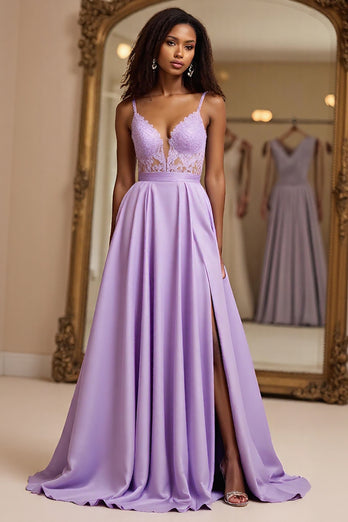 Lilac A Line Embroideried Spaghetti Straps Long Prom Dress