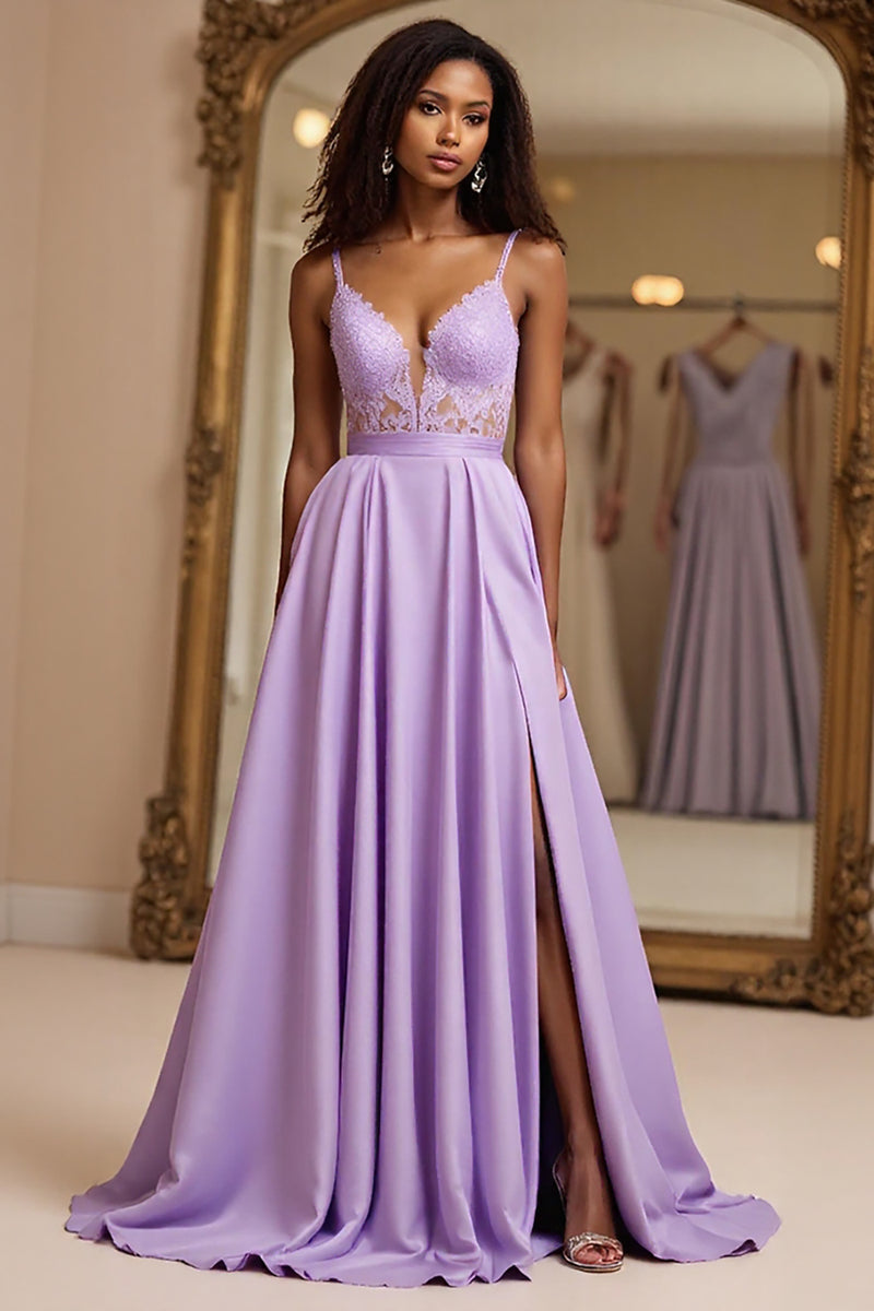 Load image into Gallery viewer, Lilac A Line Embroideried Spaghetti Straps Long Prom Dress