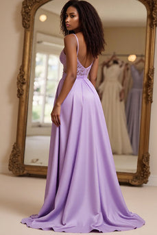 Lilac A Line Embroideried Spaghetti Straps Long Prom Dress