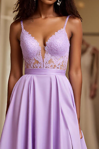 Lilac A Line Embroideried Spaghetti Straps Long Prom Dress