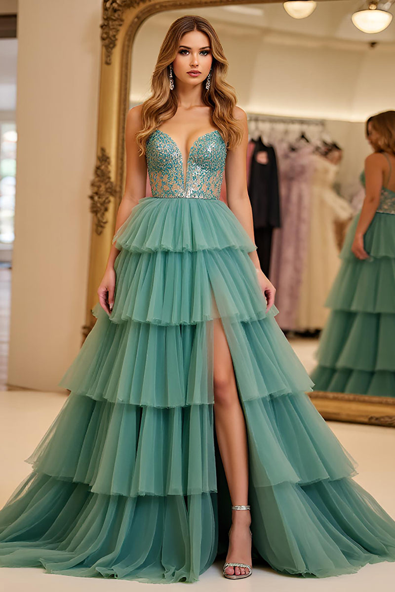 Load image into Gallery viewer, Green A Line Embroideried Tiered Long Tulle Prom Dress with Slit