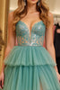 Load image into Gallery viewer, Green A Line Embroideried Tiered Long Tulle Prom Dress with Slit