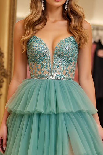 Green A Line Embroideried Tiered Long Tulle Prom Dress with Slit