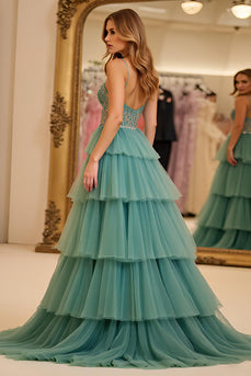 Green A Line Embroideried Tiered Long Tulle Prom Dress with Slit