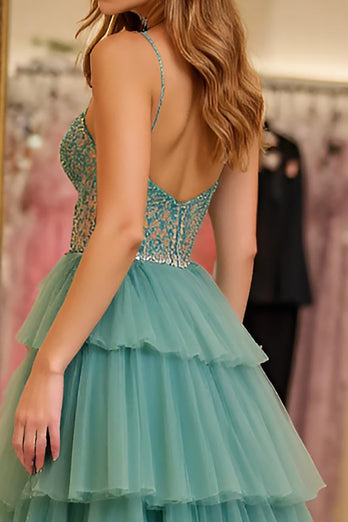 Green A Line Embroideried Tiered Long Tulle Prom Dress with Slit