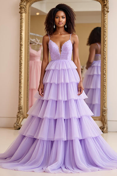 Lilac A Line Embroideried Tiered Long Tulle Prom Dress