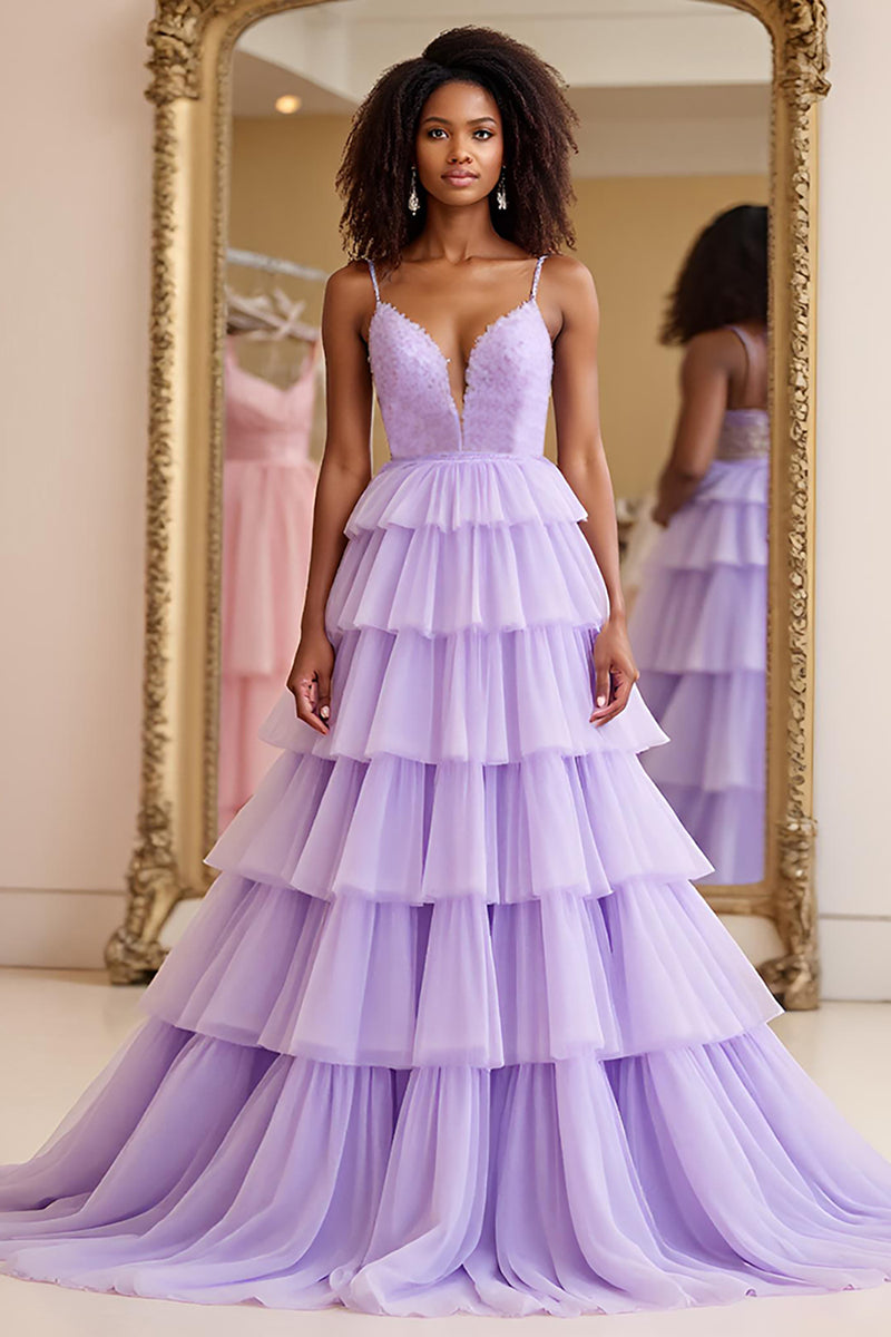 Load image into Gallery viewer, Lilac A Line Embroideried Tiered Long Tulle Prom Dress