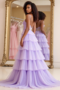 Lilac A Line Embroideried Tiered Long Tulle Prom Dress