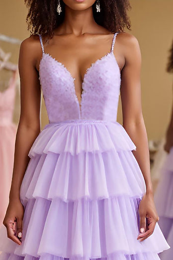 Lilac A Line Embroideried Tiered Long Tulle Prom Dress