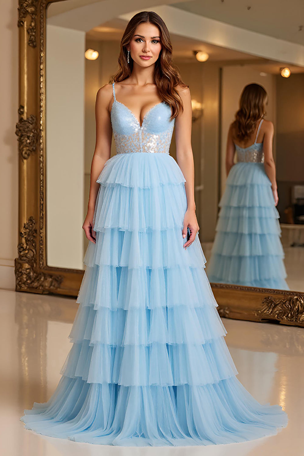 Sky Blue A Line Tiered Long Tulle Prom Dress