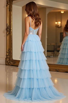 Sky Blue A Line Tiered Long Tulle Prom Dress