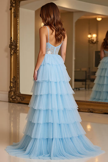 Sky Blue A Line Tiered Long Tulle Prom Dress