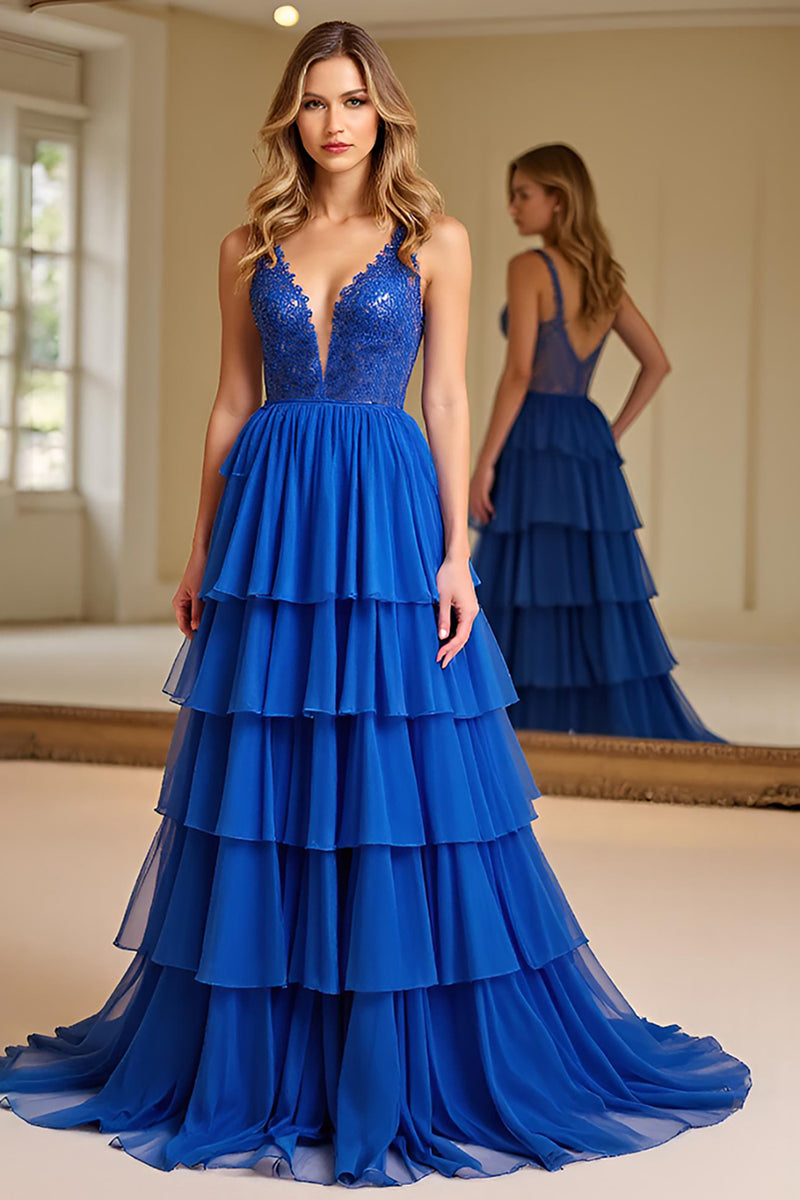 Load image into Gallery viewer, Royal Blue A Line Tiered Long Chiffon Prom Dress with Embroidery