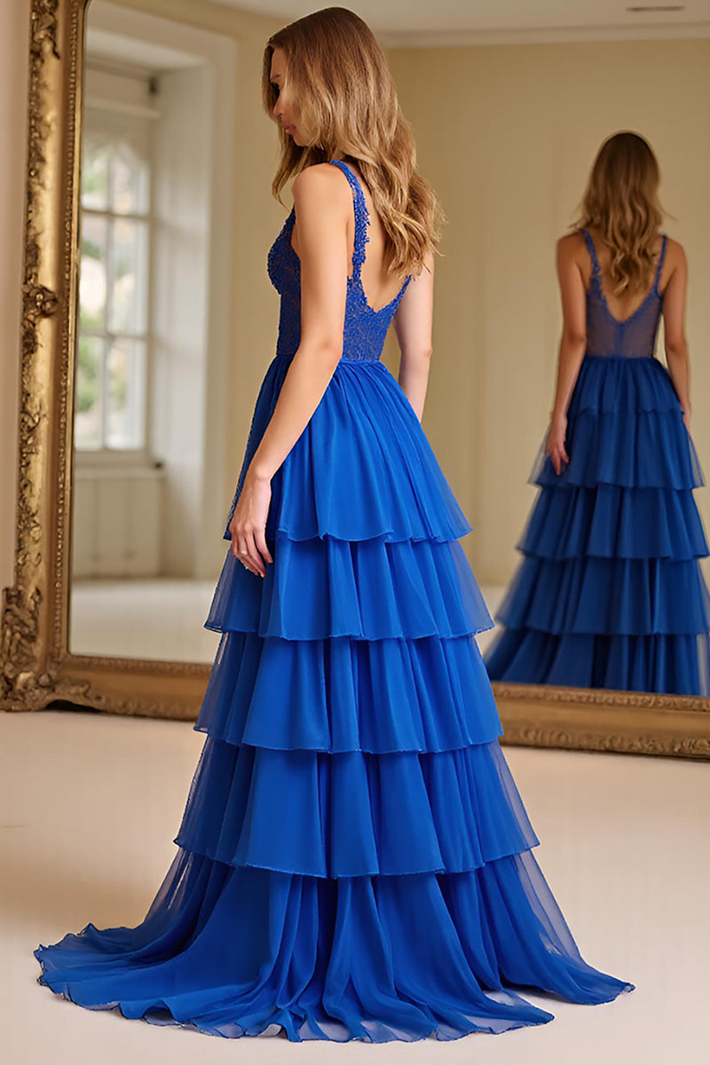 Load image into Gallery viewer, Royal Blue A Line Tiered Long Chiffon Prom Dress with Embroidery