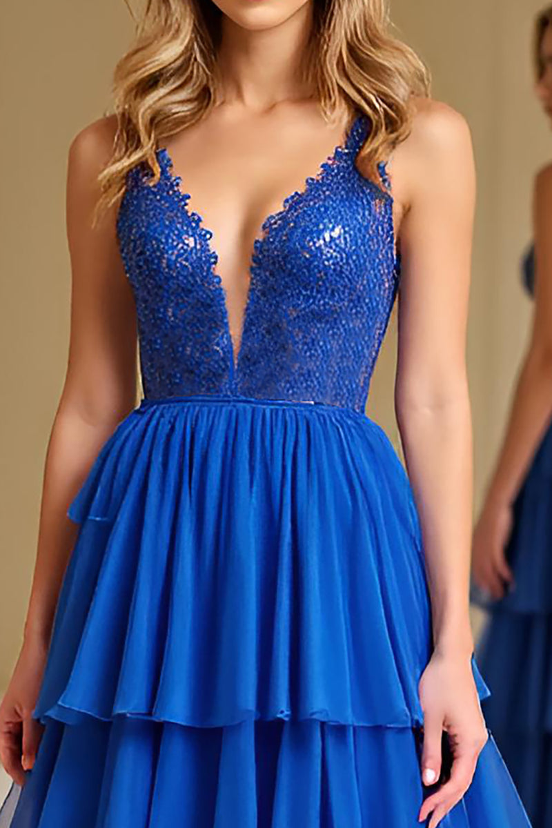 Load image into Gallery viewer, Royal Blue A Line Tiered Long Chiffon Prom Dress with Embroidery