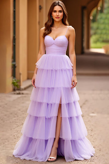 Lilac Tulle A Line Tiered Long Prom Dress with Slit