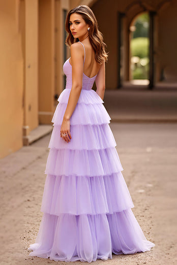 Lilac Tulle A Line Tiered Long Prom Dress with Slit