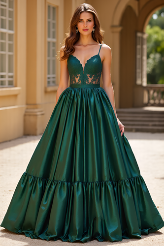 Dark Green Ball Gown Satin V-Neck Long Prom Dress