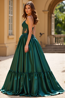 Dark Green Ball Gown Satin V-Neck Long Prom Dress