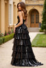 Load image into Gallery viewer, Black A Line Satin Backless Tiered Long Prom Dress with Slit