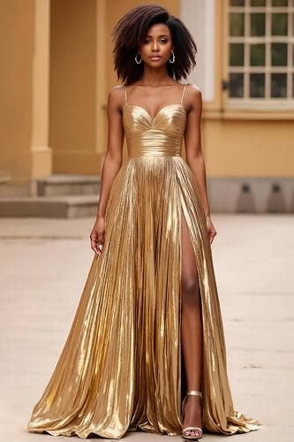 Sparkly Gold A Line Satin Backless Long Prom Dress with Slit