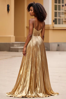 Sparkly Gold A Line Satin Backless Long Prom Dress with Slit